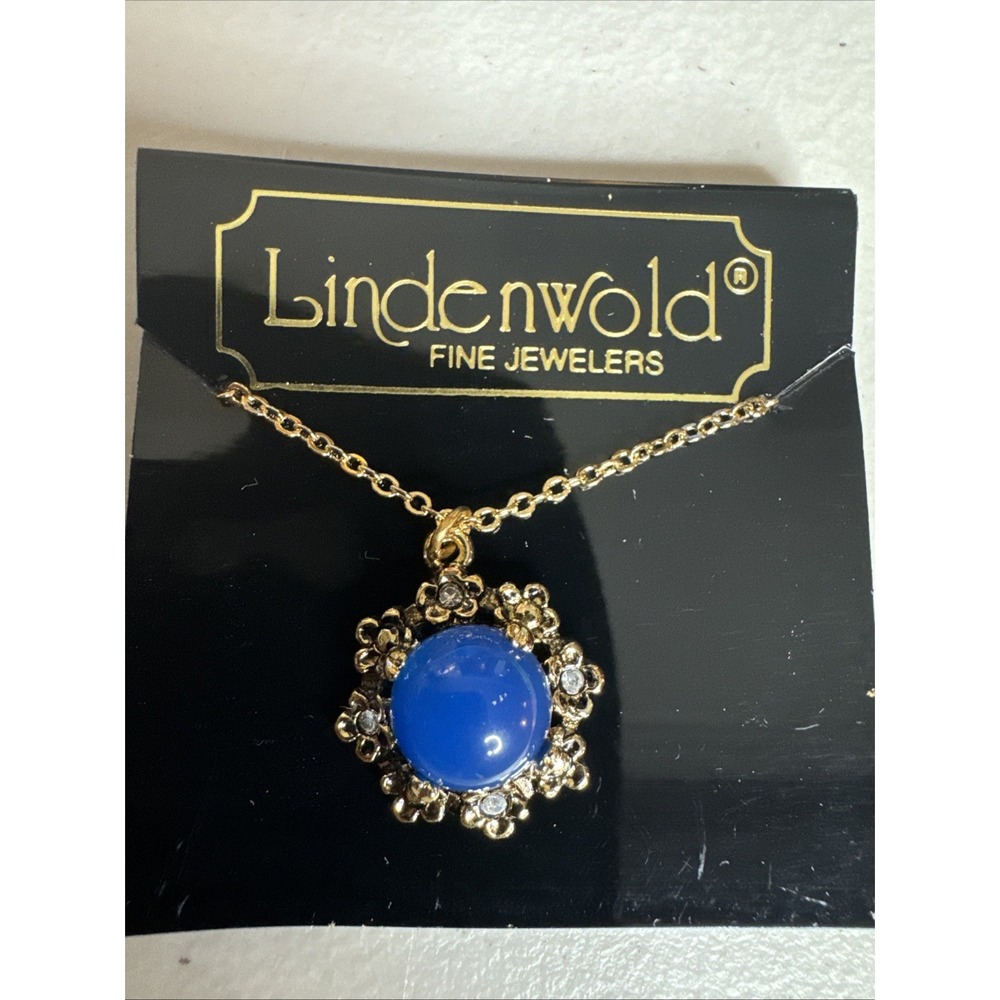 Lindenwold Goldtone Necklace W/ Blue Stone Pendant And Outer CZ  Accent Stones